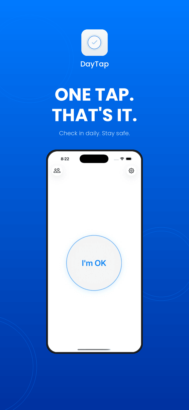 DayTap check-in screen — tap I'm OK once a day